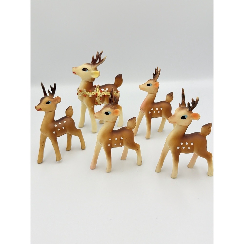 Vintage Mid Century Soft‎ Plastic Deer Figurine Lot of 5 Blow Mold Swivel Head